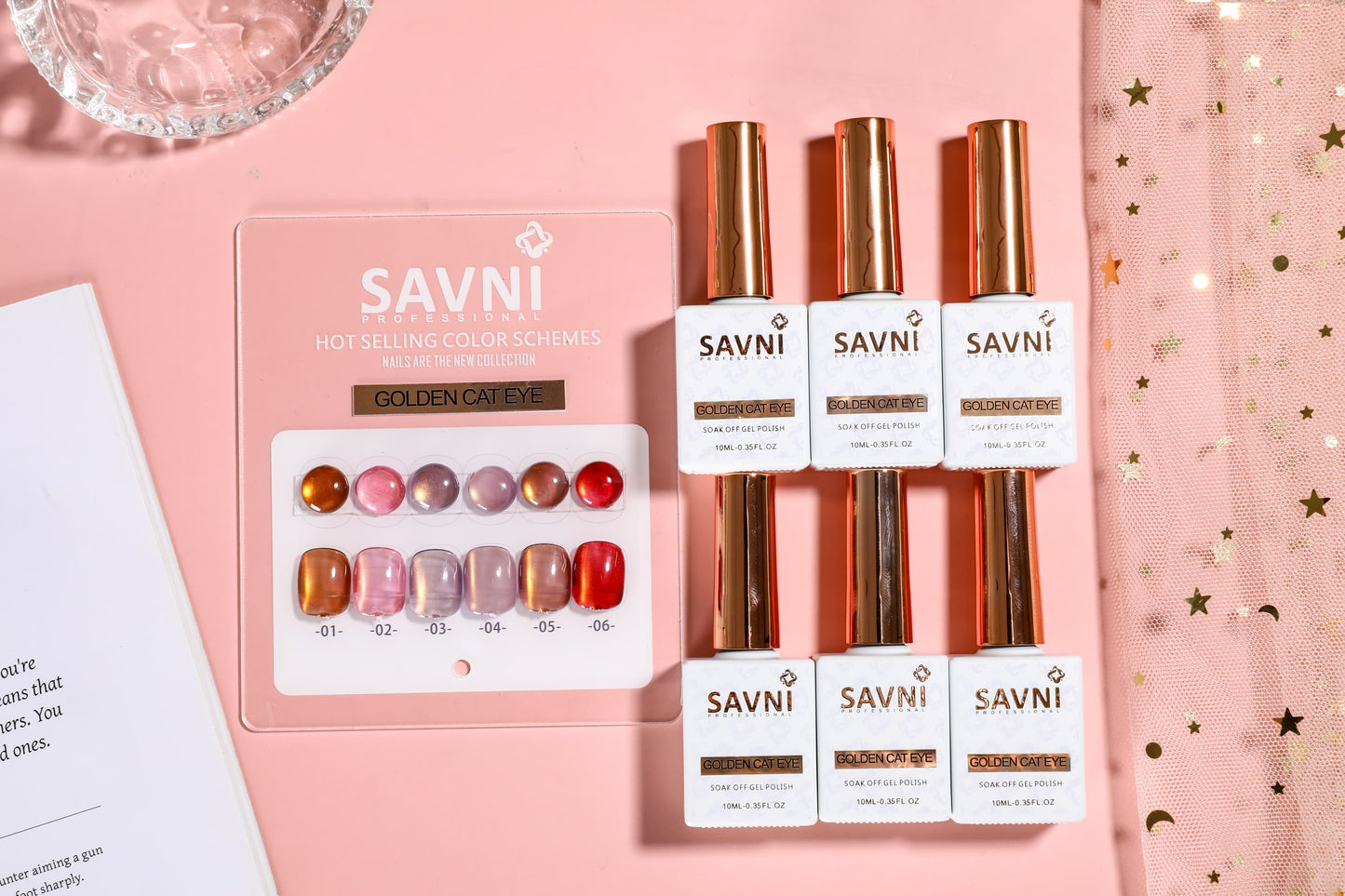 Savni 6pc Gel Polish Set- Golden Cat Eye 10ML Each With Shade Card