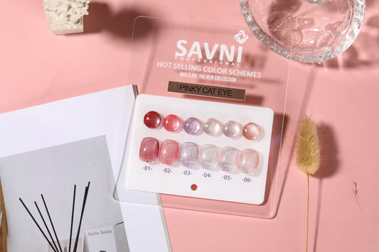 Savni 6pc Gel Polish Set- Pink Cat Eye 10ML Each With Shade Card