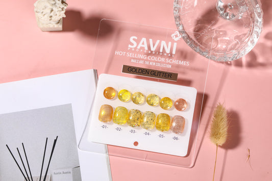 Savni 6pc Gel Polish Set- Golden Glitter 10ML Each With Shade Card