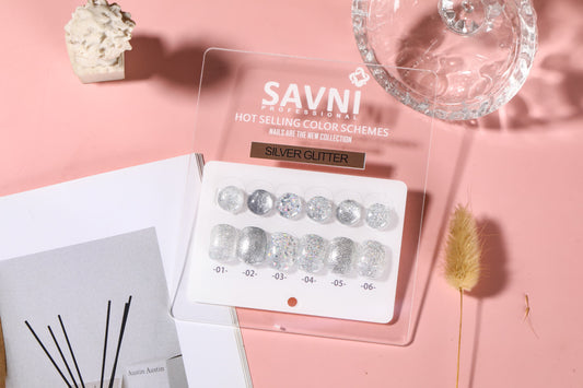 Savni 6pc Gel Polish Set- Silver Glitter 10ML Each With Shade Card