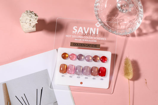 Savni 6pc Gel Polish Set- Golden Cat Eye 10ML Each With Shade Card