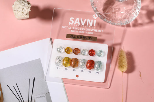 Savni 6pc Gel Polish Set- Glitter Party 10ML Each With Shade Card