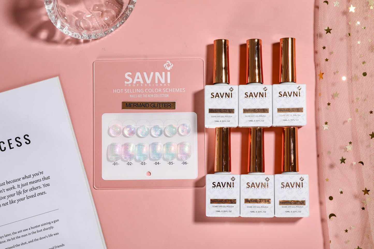 Savni 6pc Gel Polish Set- Mermaid Glitter 10ML Each With Shade Card
