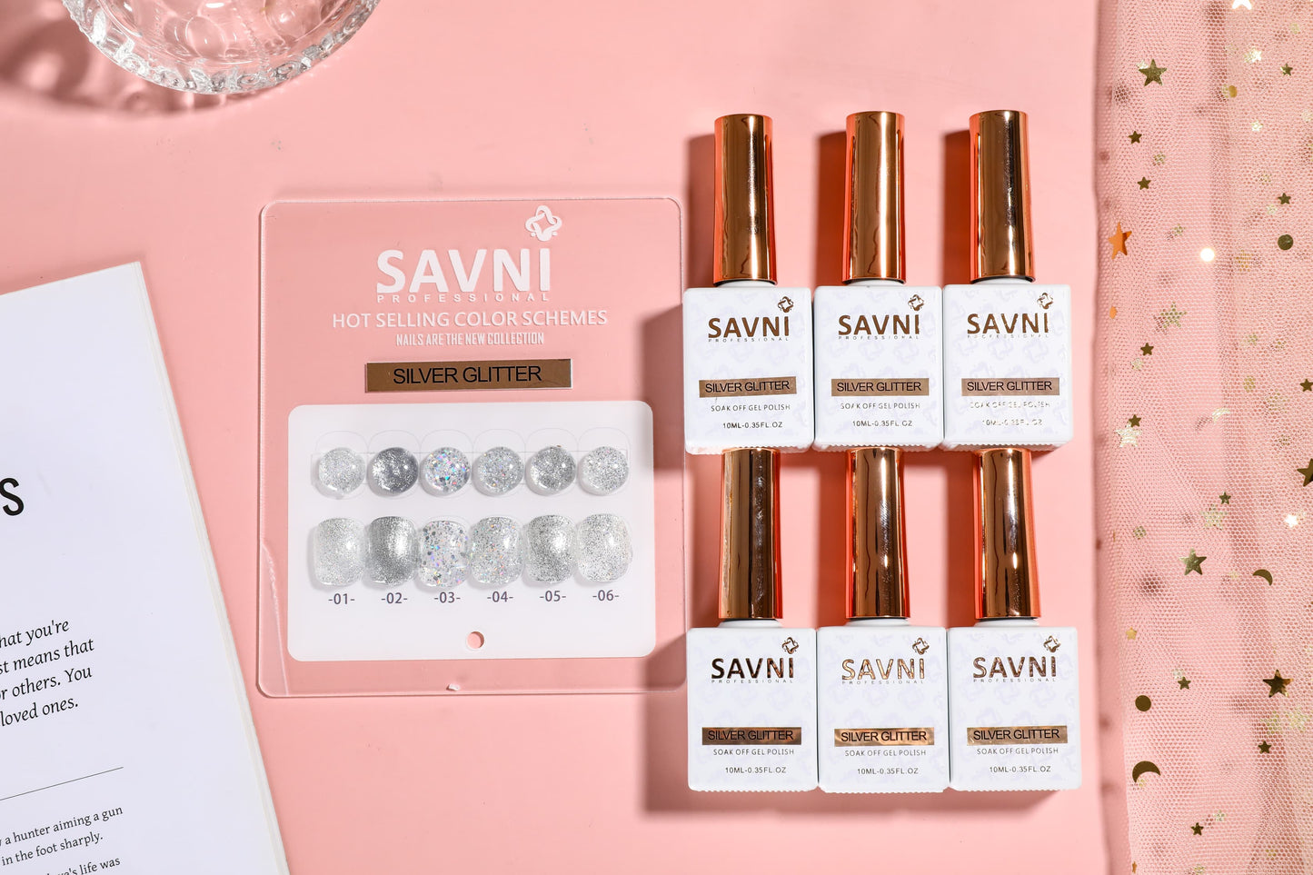Savni 6pc Gel Polish Set- Silver Glitter 10ML Each With Shade Card