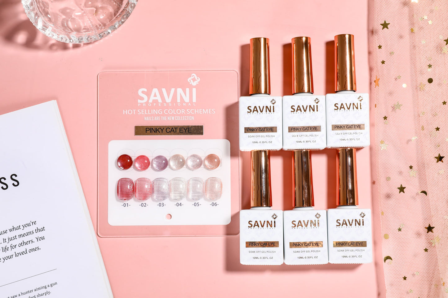 Savni 6pc Gel Polish Set- Pink Cat Eye 10ML Each With Shade Card
