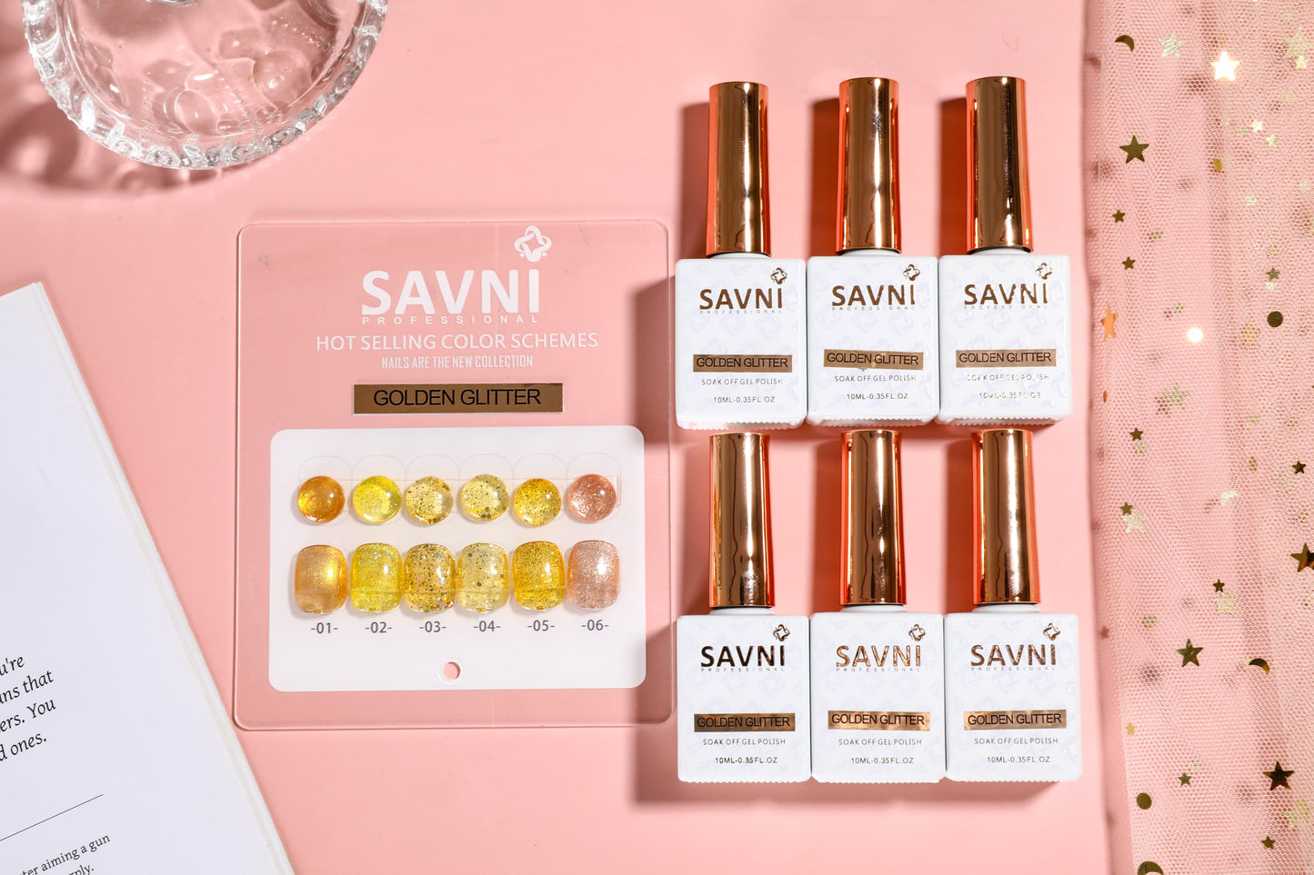 Savni 6pc Gel Polish Set- Golden Glitter 10ML Each With Shade Card