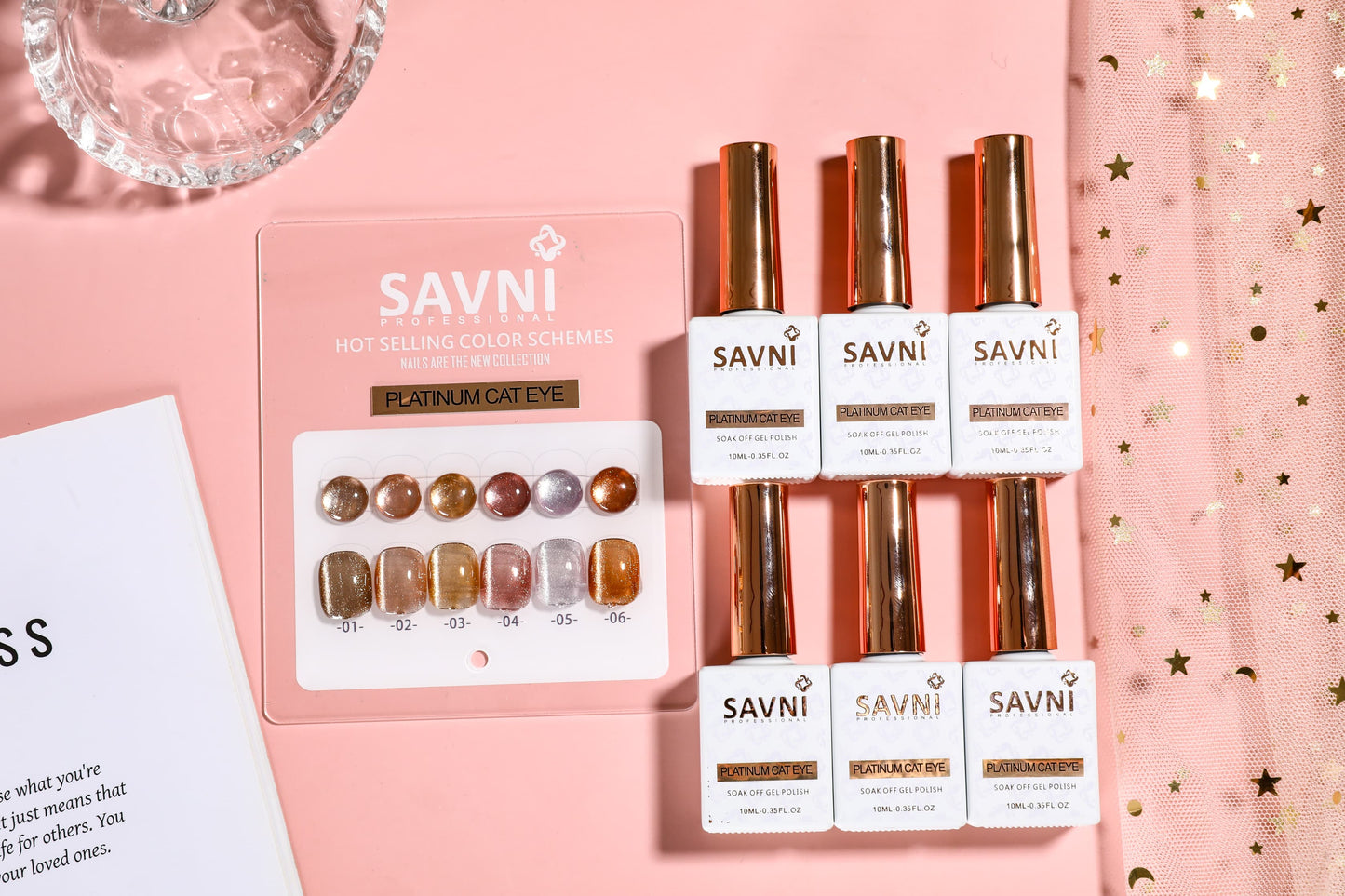 Savni 6pc Gel Polish Set- Platinum Cat Eye 10ML Each With Shade Card