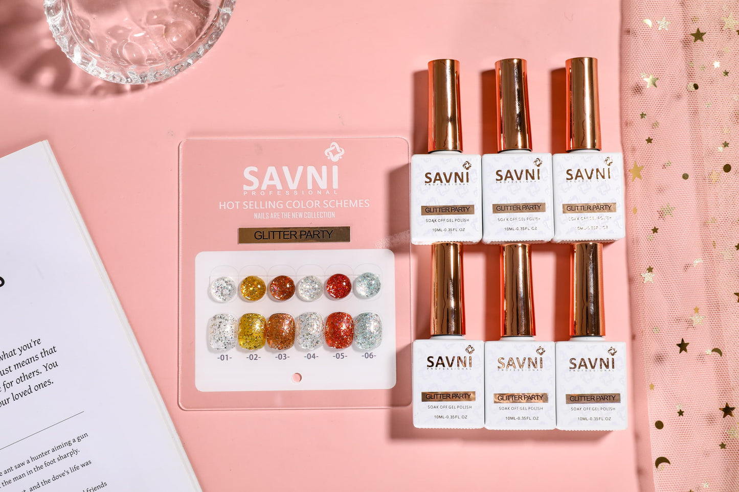 Savni 6pc Gel Polish Set- Glitter Party 10ML Each With Shade Card