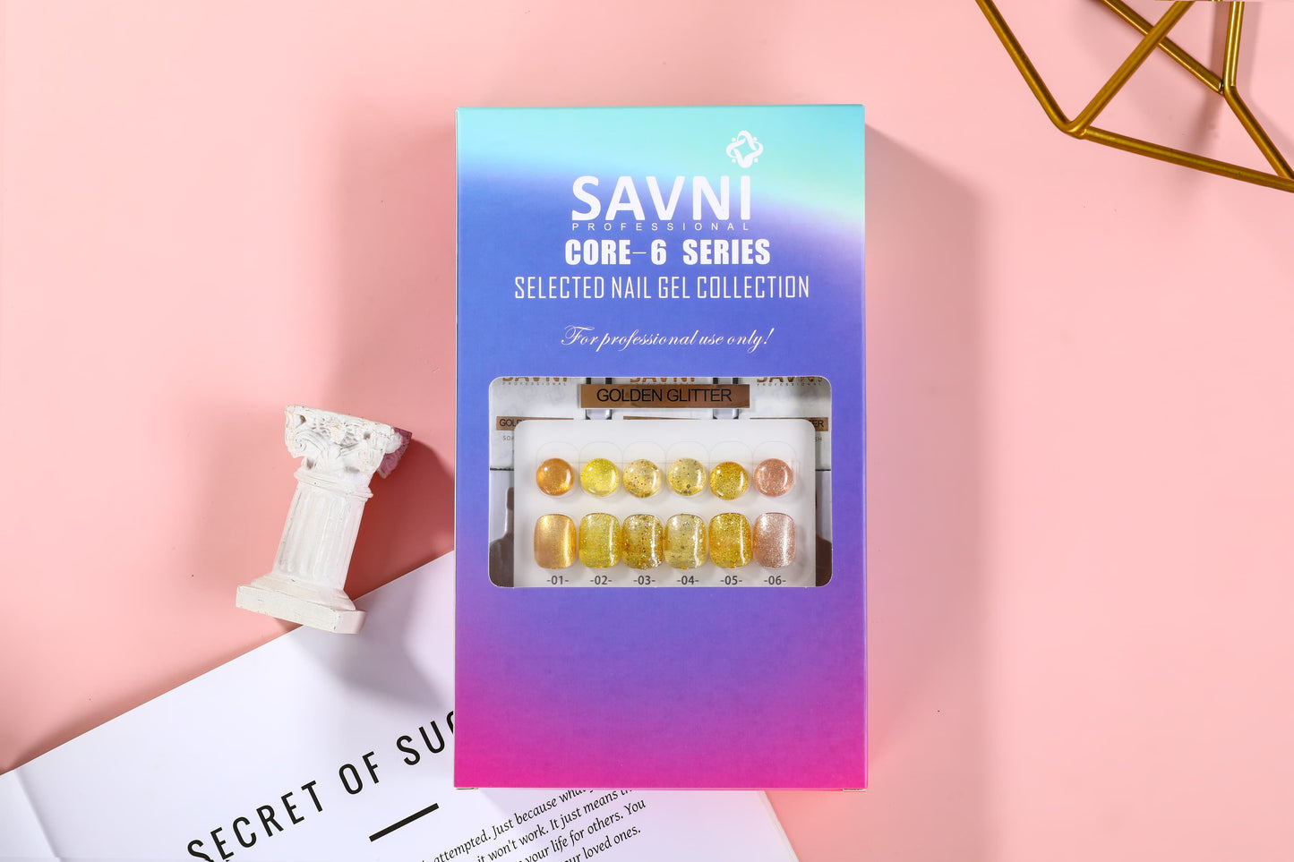 Savni 6pc Gel Polish Set- Golden Glitter 10ML Each With Shade Card