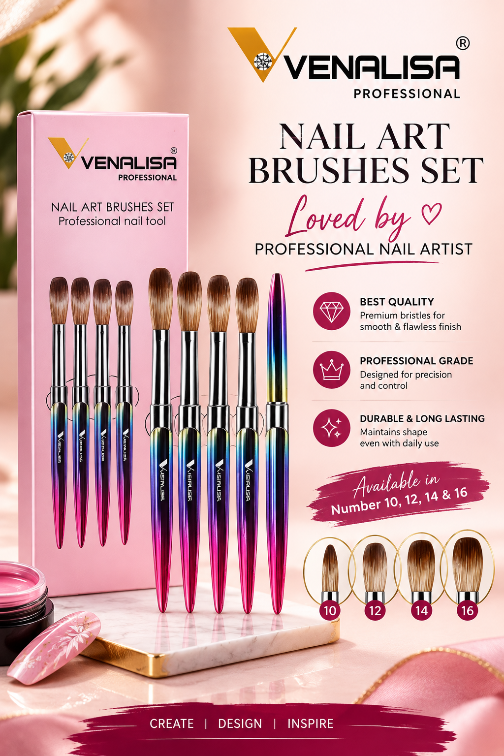 Venalisa 4pc Acrylic Brush Set- Fine Quality no 10,12,14 & 16
